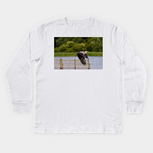 Grey Heron in flight Kids Long Sleeve T-Shirt